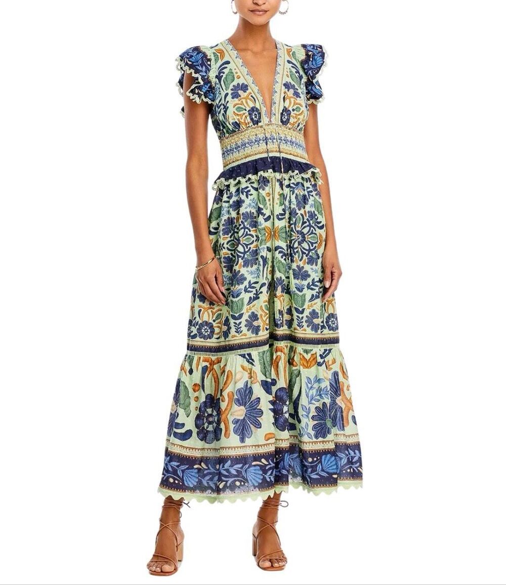 Farm Rio Ocean Tapestry Green Blue Floral V-Neck Smocked Maxi Dress Medium
